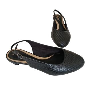 TROTTERS Leather Kitten Heel Basketweave Slingbacks 8.5 WW Black Buckle Woven